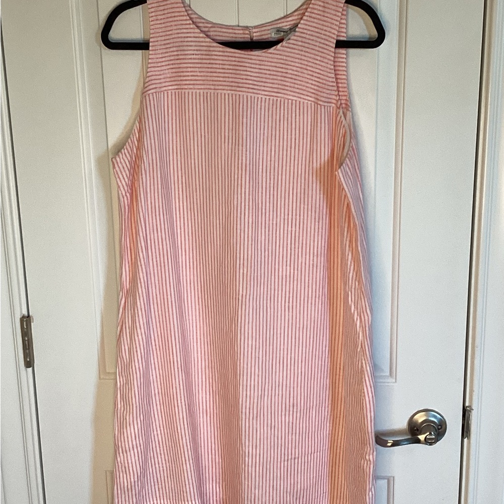 Tommy Bahamas Large Striped Pink & White 100% Linen Sleeveless Tunic Lined Dress